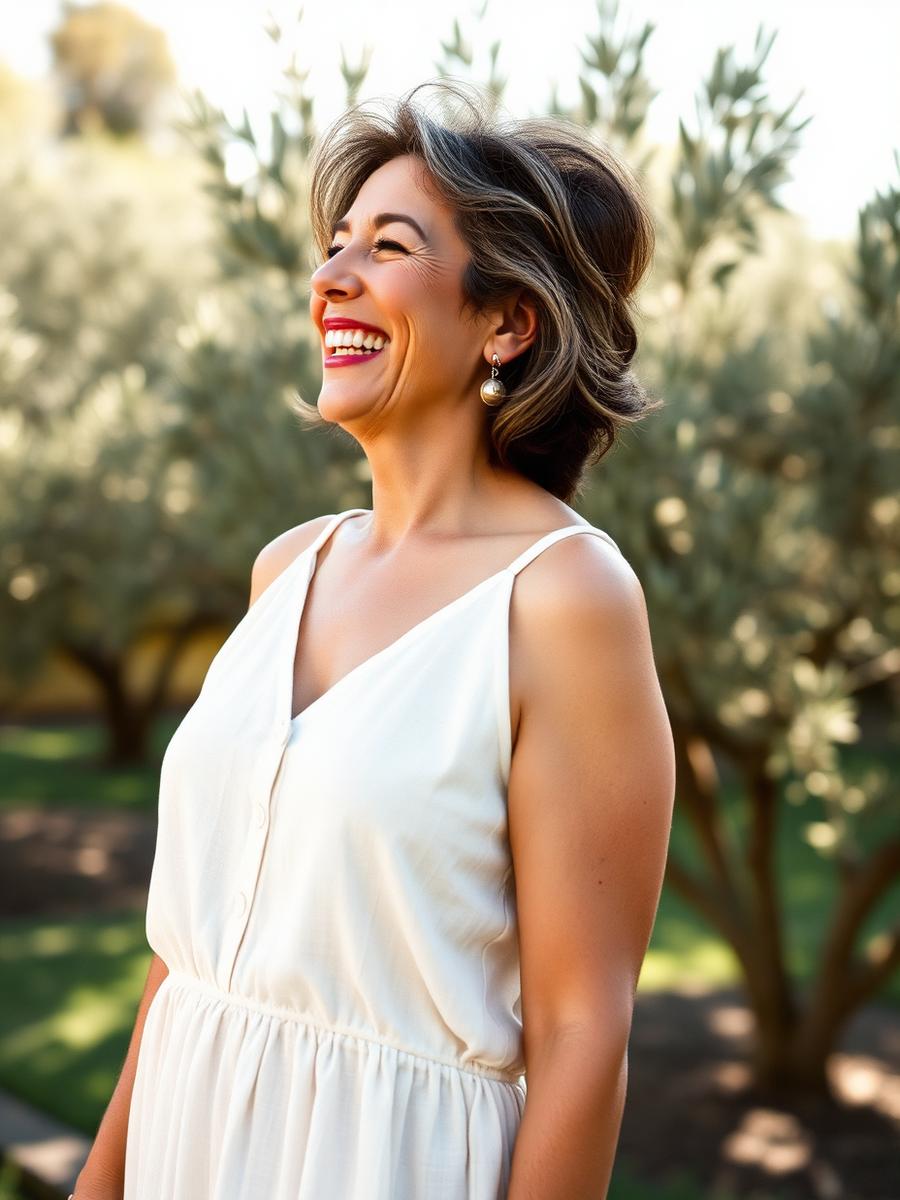 Marisol riendo en un jardín de olivos