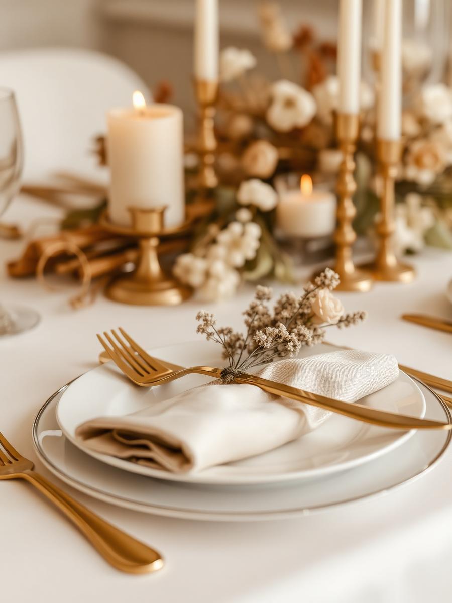 Detalle de la mesa con vajilla dorada y velas