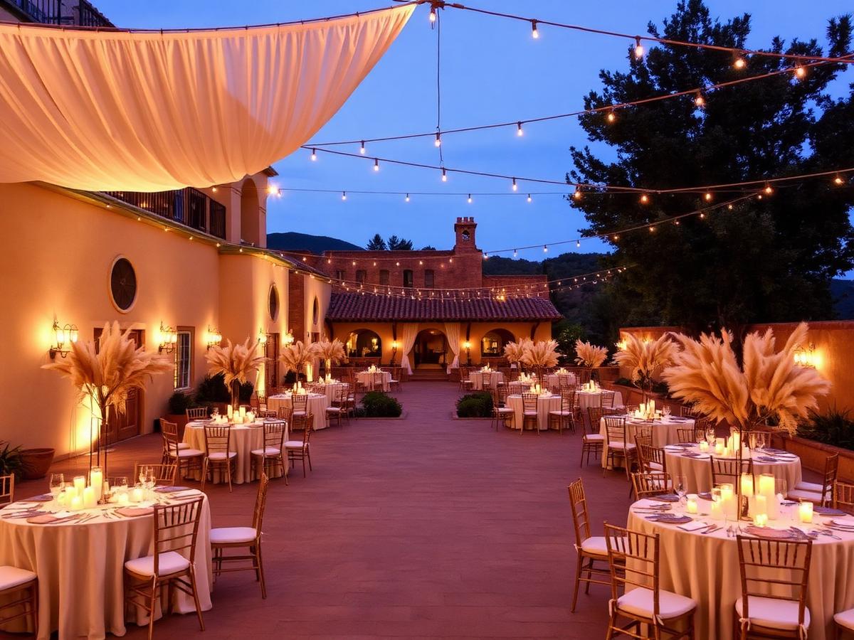 Terraza de la hacienda iluminada al anochecer